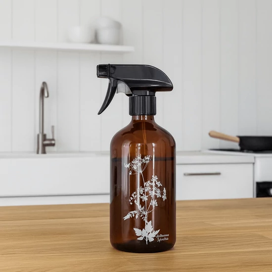 Barna szórófejes üveg réti virág mintával 500ml
