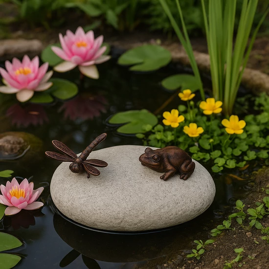 Sziklakerti, tavi díszkő béka és szitakötő szobrocskákkal