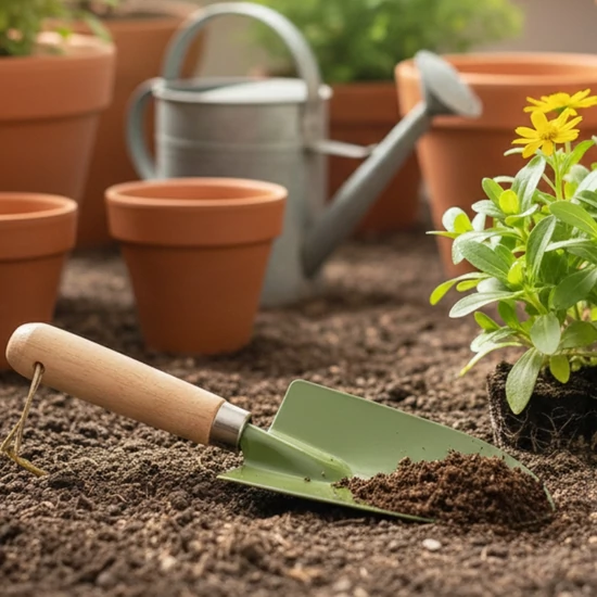 Fém kézi ásó, fa nyéllel, olívazöld