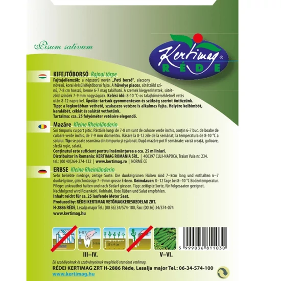 Rédei zöldborsó vetőmag - kifejtőborsó, Rajnai törpe