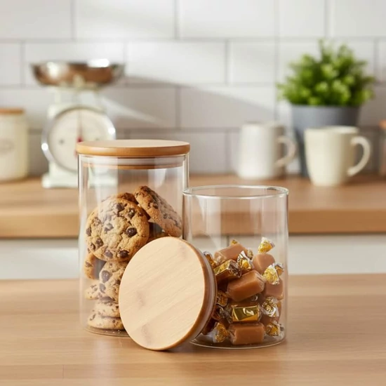 Boroszilikát üveg tárolóedény bambusz fedéllel 1 l