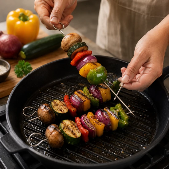 Rozsdamentes acél BBQ nyárs, hústű 10 db-os szett